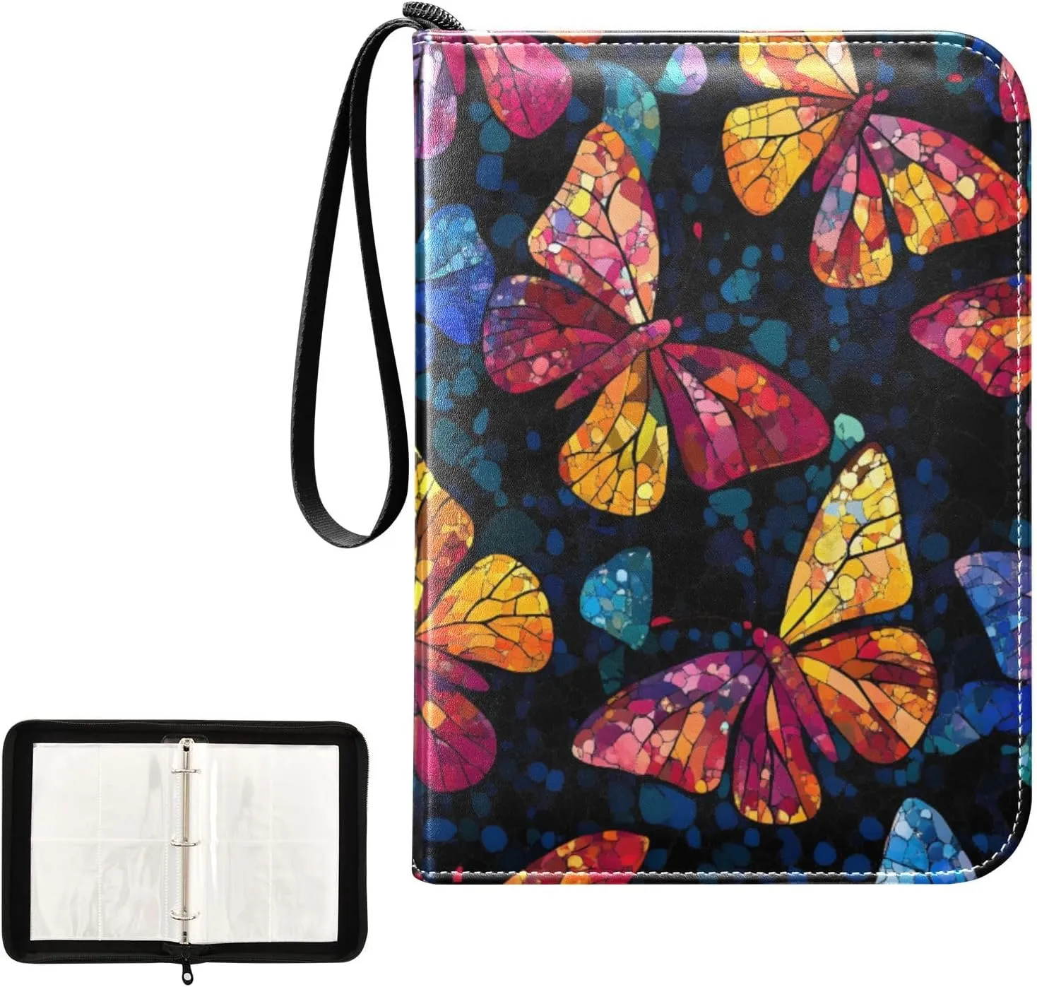 Colorful Glass Butterflies Binder for Cards 4-Pocket Card Book Holder Fits 400 Cards for Sports Cards, Game Cards