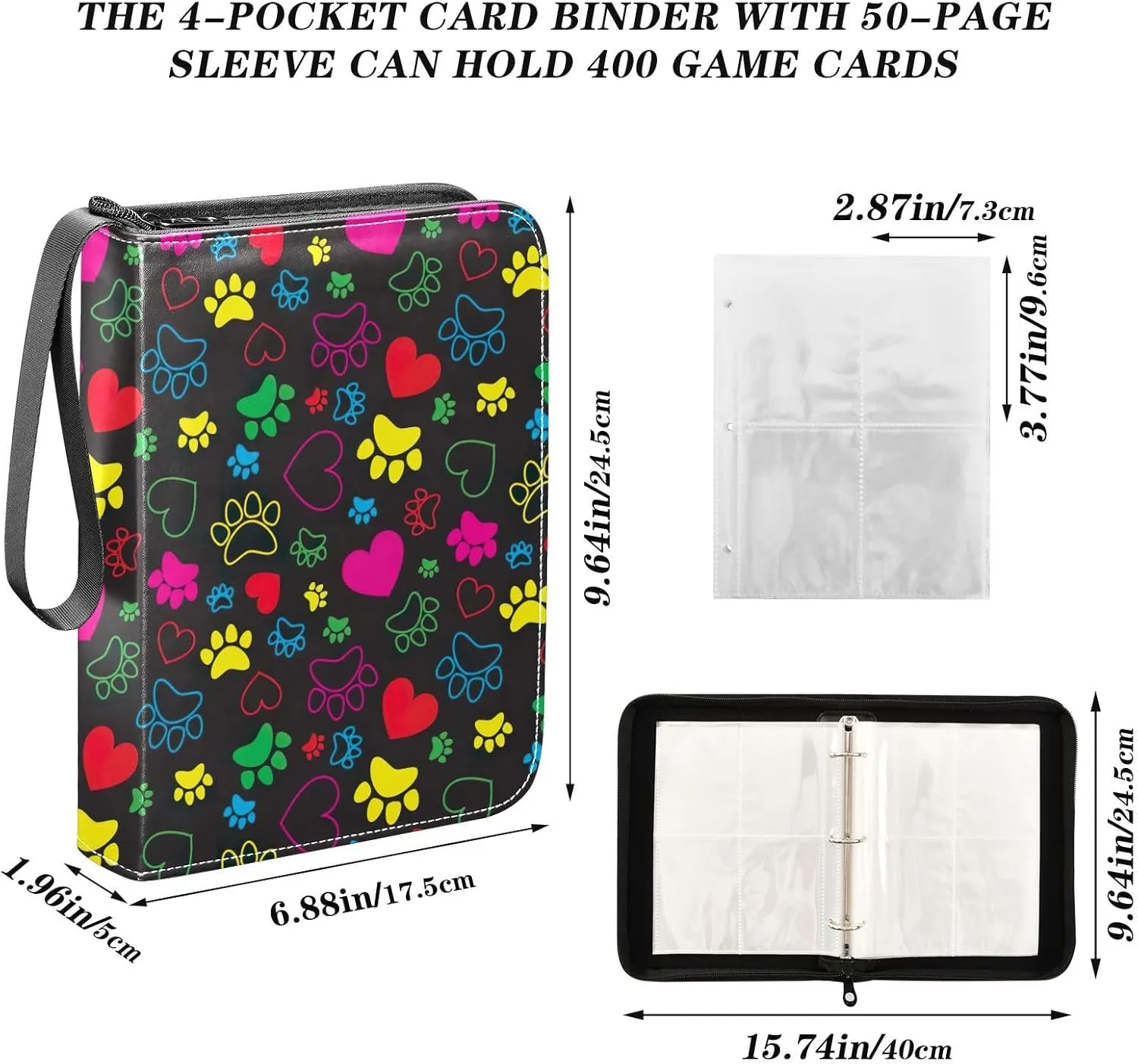 Colorful Hearts Dog Paws Card Holder Binder, Card 3 Ring Binder Fits 400 Cards for Baseball Card, Football Card
