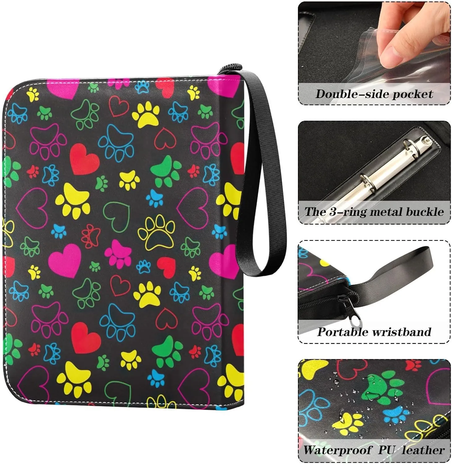 Colorful Hearts Dog Paws Card Holder Binder, Card 3 Ring Binder Fits 400 Cards for Baseball Card, Football Card