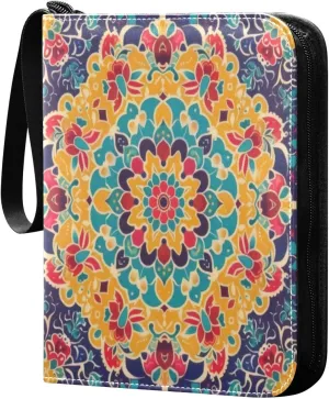 Colorful Mandala Card Binder 4-Pocket, 400 Pockets PU Waterproof Zippered Collector Card Album with 50 Removable Sleeves for Trading, Game Cards