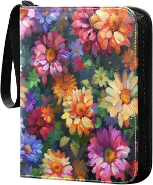 Colorful Painting Flowers Card Binder 4-Pocket, 400 Pockets PU Waterproof Zippered Collector Card Album with 50 Removable Sleeves for Trading, Game Cards