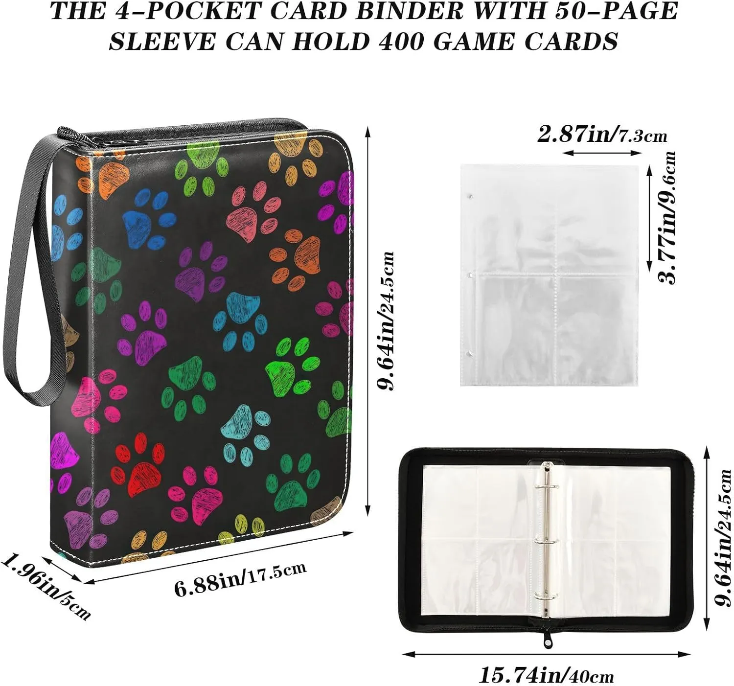 Colorful Paw Prints Trading Card Binder, 4 Pocket Card Binder Fits 400 Cards for Baseball Card, Football Card