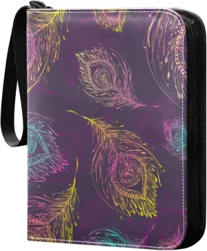 Colorful Peacock Feathers Card Binder 400 Pockets 3 Ring Trading Card Album with PU Leather Cover and Zipper