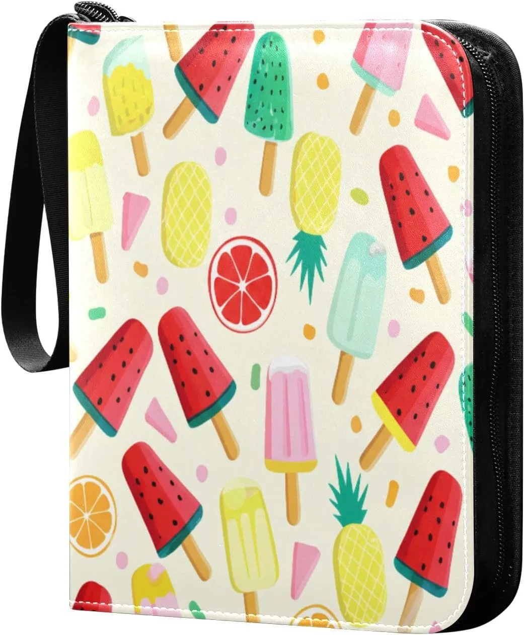 Colorful Popsicles Card Binder 4-Pocket, 400 Pockets PU Waterproof Zippered Collector Card Album with 50 Removable Sleeves for Trading, Game Cards