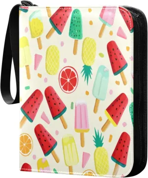 Colorful Popsicles Card Binder 4-Pocket, 400 Pockets PU Waterproof Zippered Collector Card Album with 50 Removable Sleeves for Trading, Game Cards