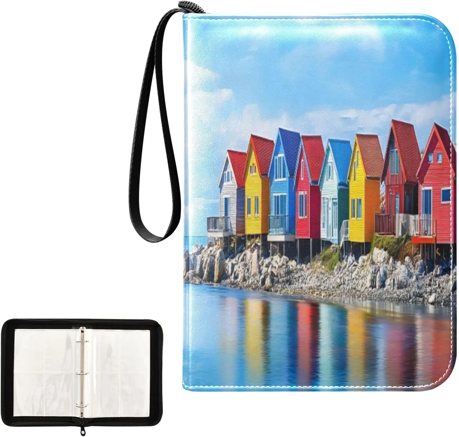 Colorful Seashore Buildings Trading Card Storage Binder, 4 Pocket Trading Card Binder with Sleeves for Baseball Card, Football Card