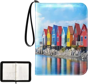 Colorful Seashore Buildings Trading Card Storage Binder, 4 Pocket Trading Card Binder with Sleeves for Baseball Card, Football Card