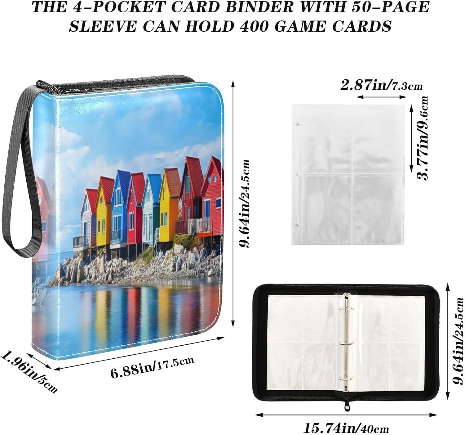 Colorful Seashore Buildings Trading Card Storage Binder, 4 Pocket Trading Card Binder with Sleeves for Baseball Card, Football Card