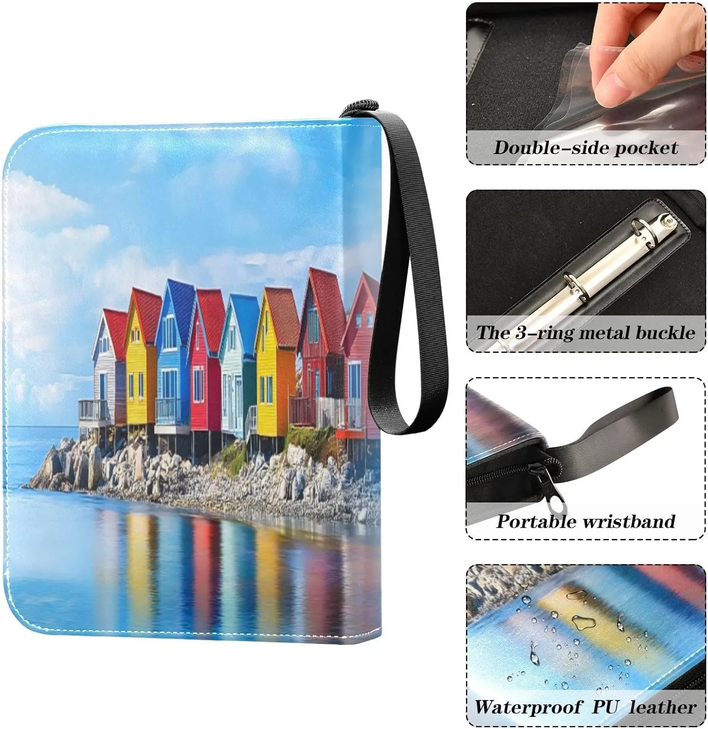 Colorful Seashore Buildings Trading Card Storage Binder, 4 Pocket Trading Card Binder with Sleeves for Baseball Card, Football Card