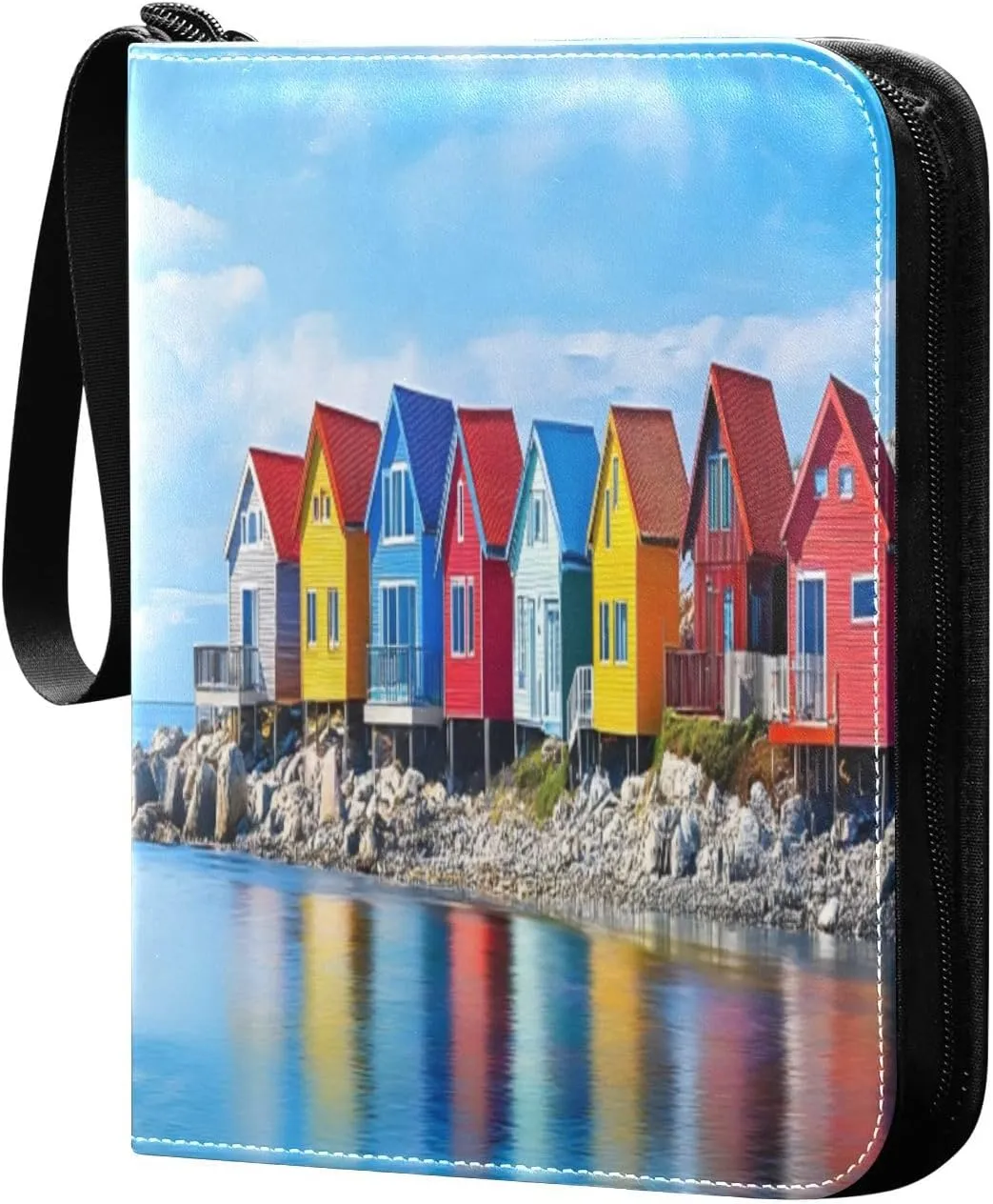 Colorful Seashore Buildings Trading Card Storage Binder, 4 Pocket Trading Card Binder with Sleeves for Baseball Card, Football Card