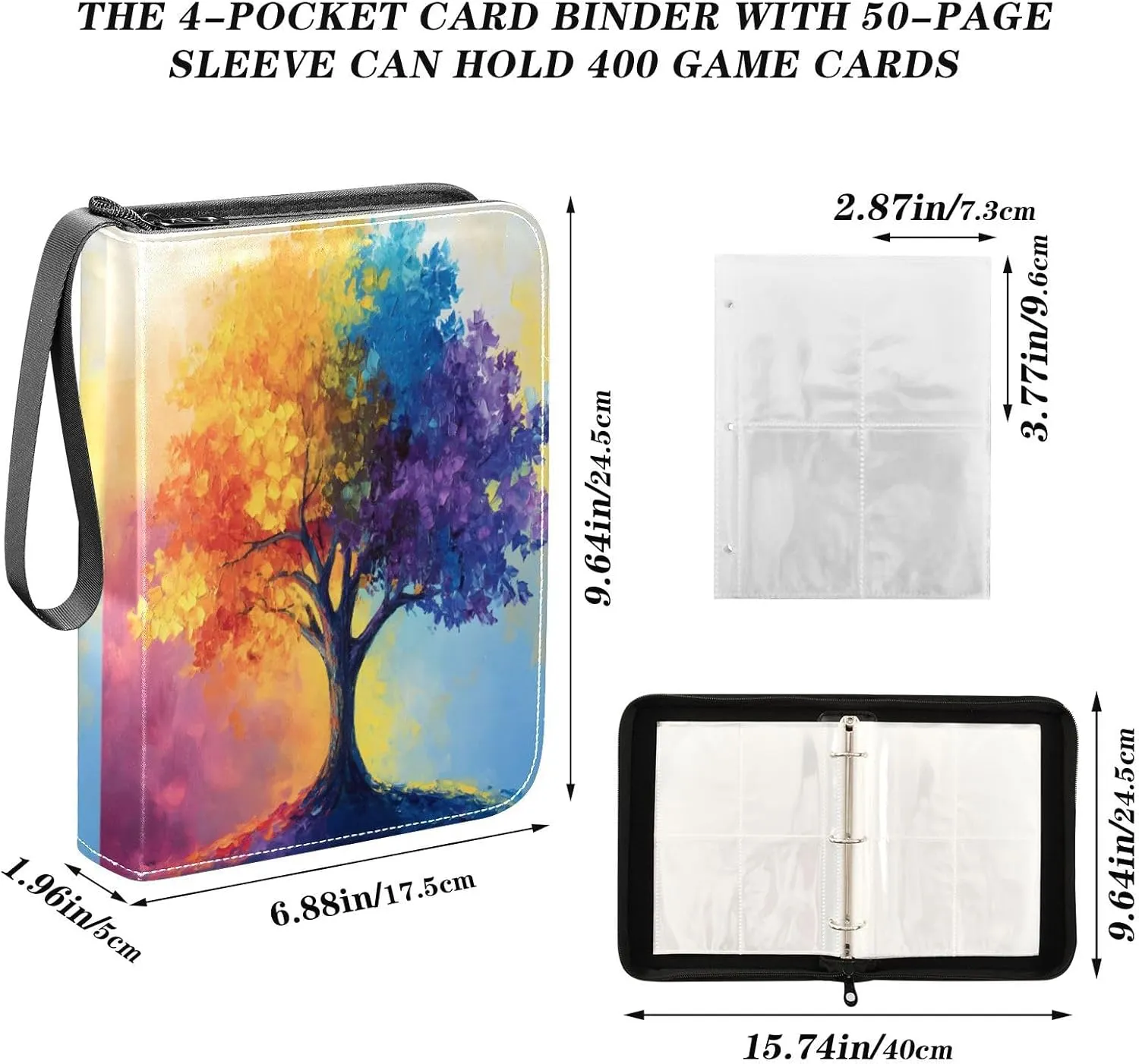 Colorful Tree Small Trading Card Binder, Card Binder 4 Pocket 400 Cards Capacity for Baseball Card, Football Card