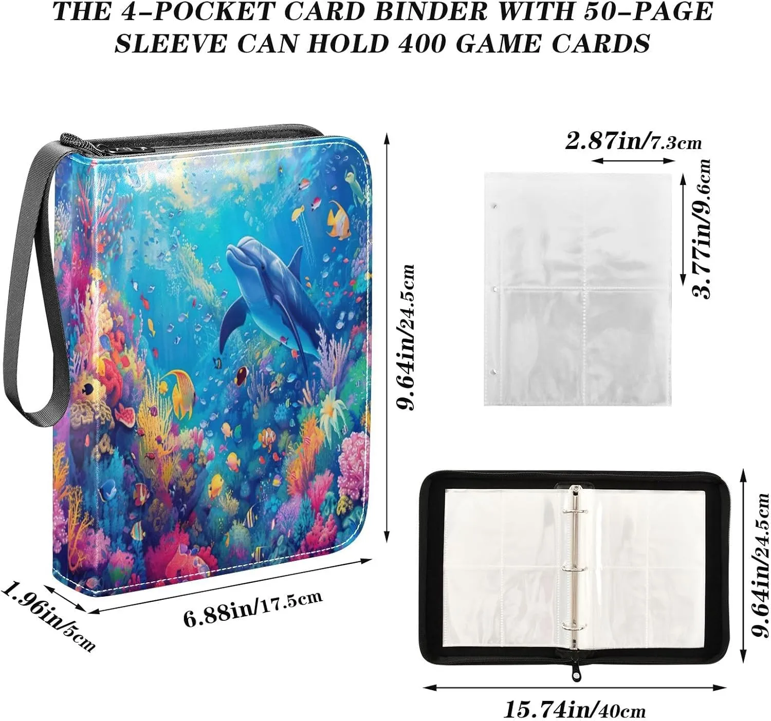 Colorful Underwater Scene Trading Card Storage Binder, 3 Ring Binder Zipper Card Fits 400 Cards for Sports Cards, Game Cards