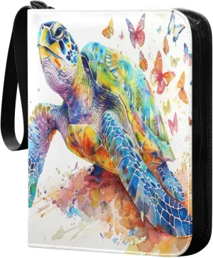 Colorful Watercolor Turtle Card Binder 4-Pocket, 400 Pockets PU Waterproof Zippered Collector Card Album with 50 Removable Sleeves for Trading, Game Cards