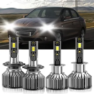 Compatible For Peugeot 301 2018-2020 H1 H7 High/Low Beam, 600% Brightness 6500K White with Cooling Fan, Plug and Play, IP68 Pack of 4