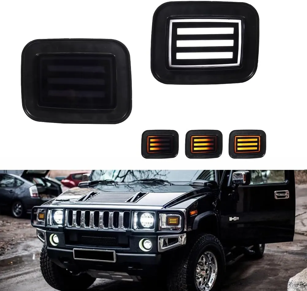 Compatible With 2003 2004 2005 2006 2007 2008 2009 Hummer H2 Front Corner Turn Signal Parking Lights & Daytime running lamps 2 IN 1 Smoked Lens Amber & White 15060530 15060529