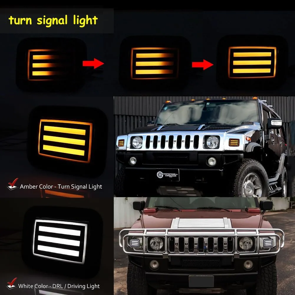 Compatible With 2003 2004 2005 2006 2007 2008 2009 Hummer H2 Front Corner Turn Signal Parking Lights & Daytime running lamps 2 IN 1 Smoked Lens Amber & White 15060530 15060529