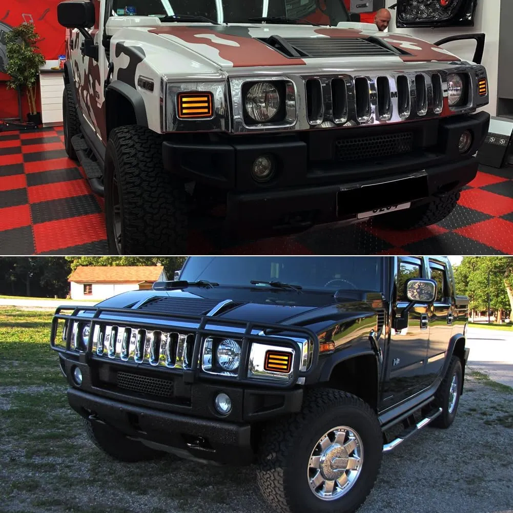 Compatible With 2003 2004 2005 2006 2007 2008 2009 Hummer H2 Front Corner Turn Signal Parking Lights & Daytime running lamps 2 IN 1 Smoked Lens Amber & White 15060530 15060529