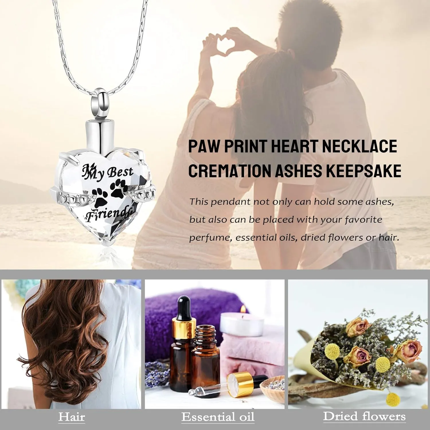 constantlife Cremation Jewelry for Ashes, My Best Friend Heart Shape Memorial Urn Necklace Stainless Steel Crystal Pendant Ashes Holder Keepsake
