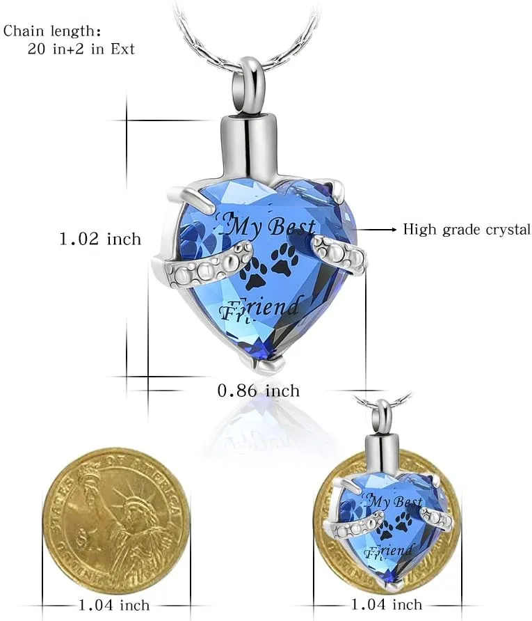 constantlife Cremation Jewelry for Ashes, My Best Friend Heart Shape Memorial Urn Necklace Stainless Steel Crystal Pendant Ashes Holder Keepsake