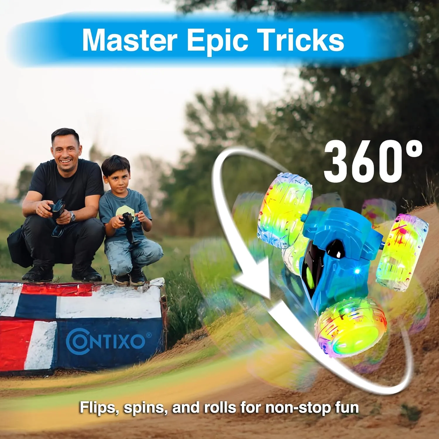 Contixo RC Stunt Car 4WD 2.4GHz, Blue Double-Sided 360° Rotating Remote Control Cars with LED Lights, for Kids Girls Boys Age 4-12