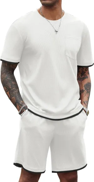 COOFANDY Men's Waffle Shirt and Shorts Set 2 Piece Outfits Casual Summer Tracksuits Set with Pockets