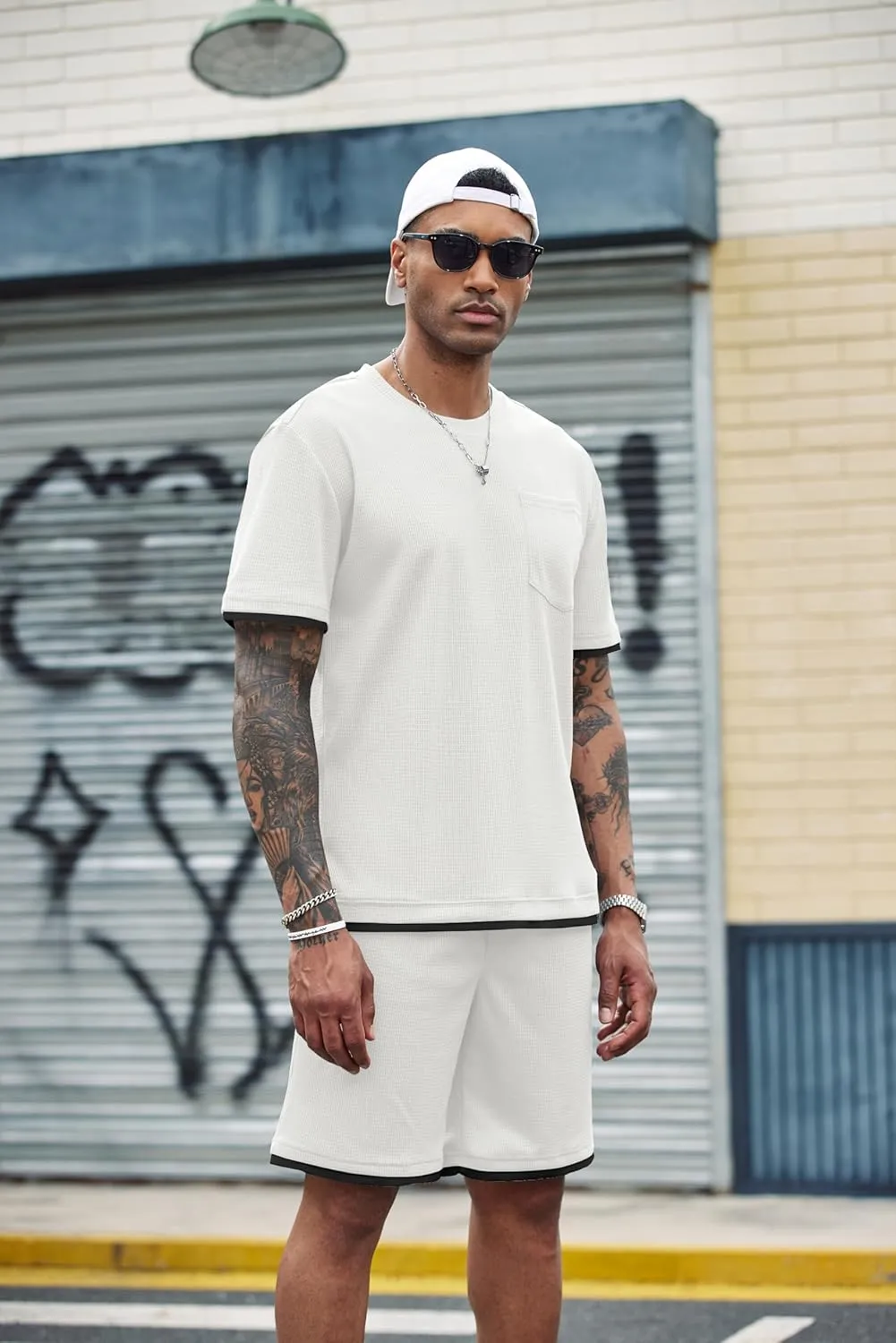 COOFANDY Men's Waffle Shirt and Shorts Set 2 Piece Outfits Casual Summer Tracksuits Set with Pockets