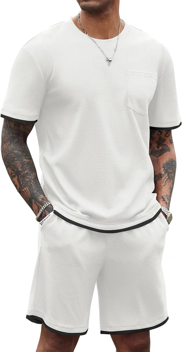 COOFANDY Men's Waffle Shirt and Shorts Set 2 Piece Outfits Casual Summer Tracksuits Set with Pockets