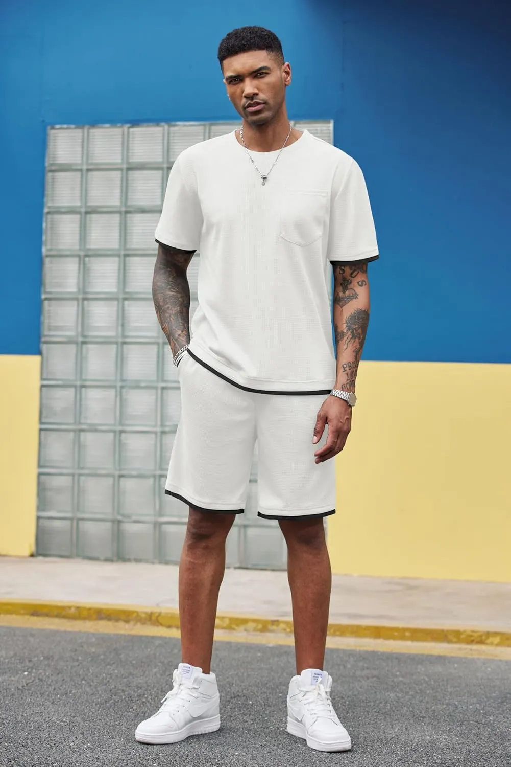 COOFANDY Men's Waffle Shirt and Shorts Set 2 Piece Outfits Casual Summer Tracksuits Set with Pockets