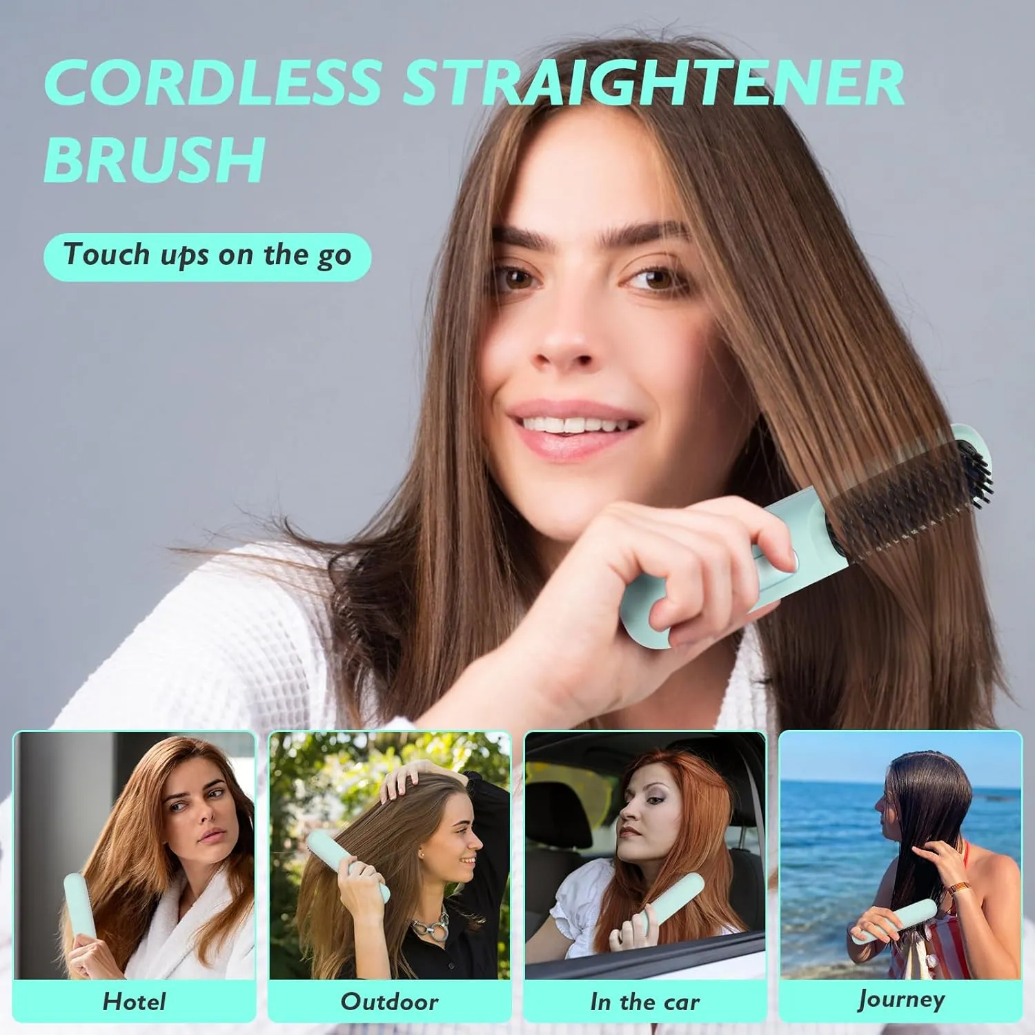 Cordless Hair Straightener Brush - Rapid Heating Technology,Adjustable Heat Settings - Portable 3-in-1 Styling Tool for Travel - Cordless Curling Iron Rechargeable - Go Brush Pro (Blue)