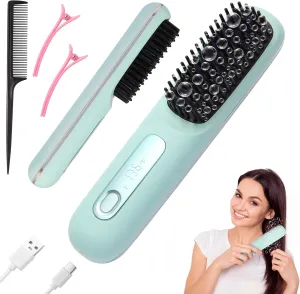 Cordless Hair Straightener Brush - Rapid Heating Technology,Adjustable Heat Settings - Portable 3-in-1 Styling Tool for Travel - Cordless Curling Iron Rechargeable - Go Brush Pro (Blue)
