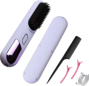 Cordless Hair Straightener Brush，Comb Straightener for Women，Electric hot Comb Digital Temperature Display，Rechargeable Travel Brushes for Hair，Adjustable Temperature, no Hair Damage (Violet)