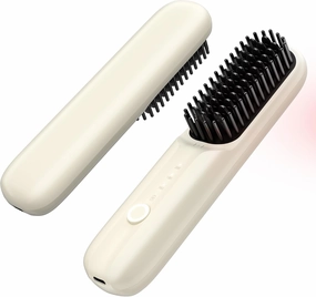 Cordless Hair Straightener Brush, Portable Straightening Brush for Women, Mini Negative Ion Hot Comb for Travel, 30Mins Auto-Off, USB Rechargeable, Fast Heating 3 Temperature Settings (White)