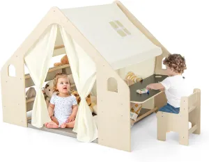 Costzon Large Kids Tent, 6-in-1 Wooden Frame Play House with Table and Chair Set, Blackboard, 6 Storage Bins & Soft Floor Mat, Indoor Playhouse for Boys Girls Aged 2-6 Years Old