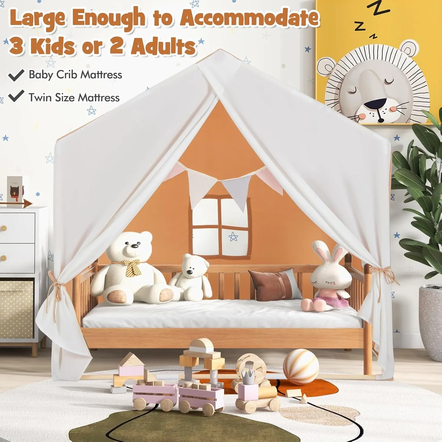 Costzon Large Kids Tent with Mat, Children's Play Tent w/Flag Banner, Windows, Gauze Curtain, Solid Wood Frame, Indoor Outdoor Kids Playhouse for Boys & Girls Age 3   (Orange)