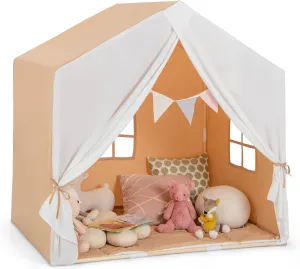 Costzon Large Kids Tent with Mat, Children's Play Tent w/Flag Banner, Windows, Gauze Curtain, Solid Wood Frame, Indoor Outdoor Kids Playhouse for Boys & Girls Age 3   (Orange)