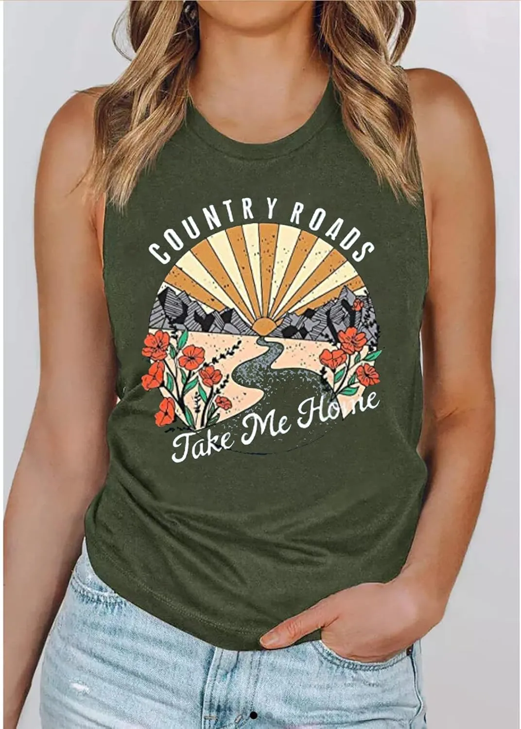 Country Roads Take Me Home Floral Tank Top for Women Hiking Mountain Sleeveless T Shirt Tees Camping Vest