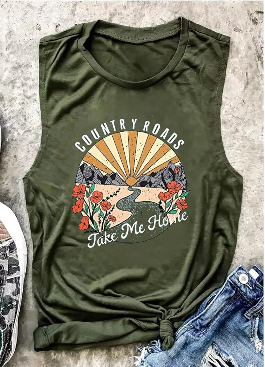 Country Roads Take Me Home Floral Tank Top for Women Hiking Mountain Sleeveless T Shirt Tees Camping Vest