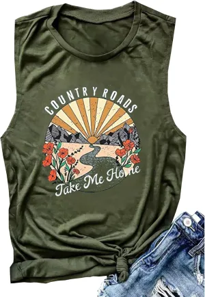 Country Roads Take Me Home Floral Tank Top for Women Hiking Mountain Sleeveless T Shirt Tees Camping Vest