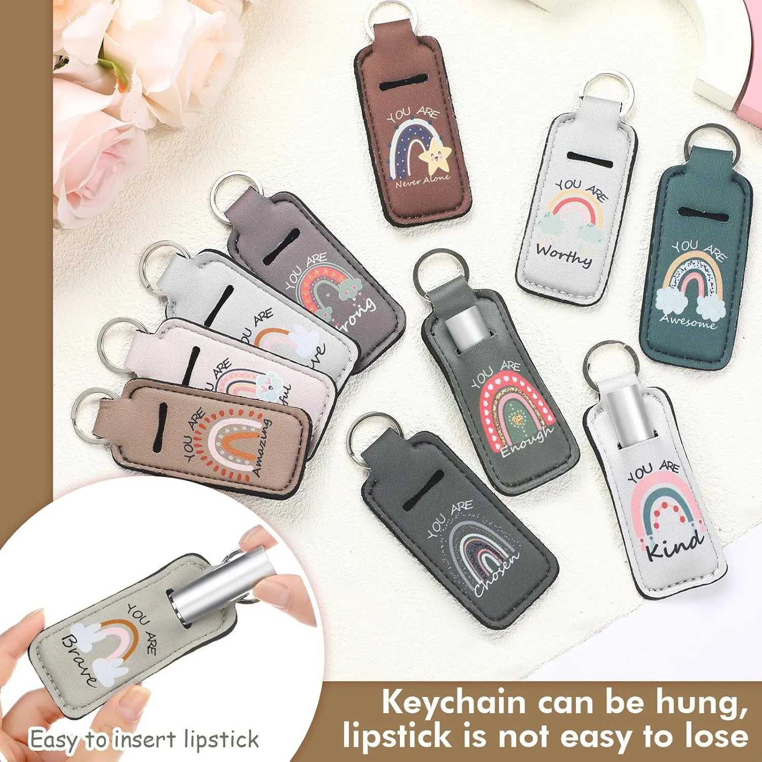 Ctosree 40 Pcs Rainbow Lipstick Holder with Inspirational Words Lip Balm Holder Keychain CNA Week Nurse Back to School Gifts
