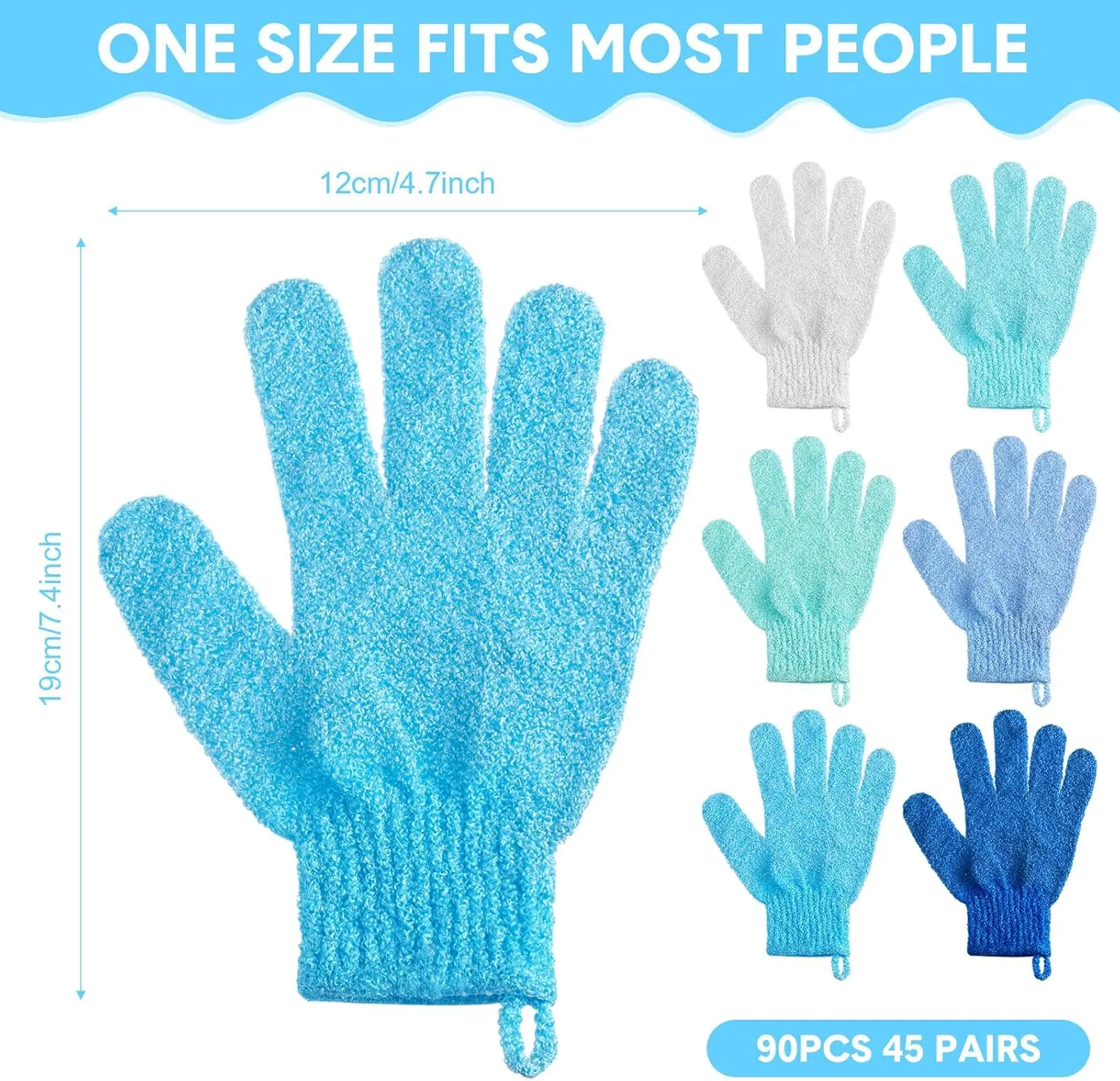 Cuffbow 90 Pcs Exfoliating Double Sided Bath Gloves with Hanging Loop Colorful Body Shower Gloves for Men Women Beauty Spa Massage Shower Clean Body Skin Bathing Scrubber Accessories (Blue Colors)