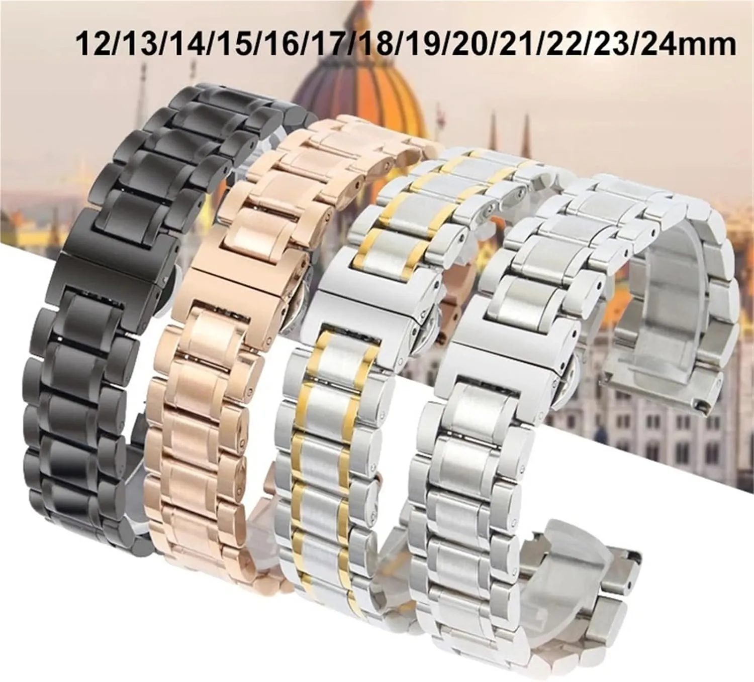 Curved End Solid Stainless Steel Watch Strap 12 14 16 18 20 21 22 24mm Butterfly Buckle Men's Women's Metal Strap