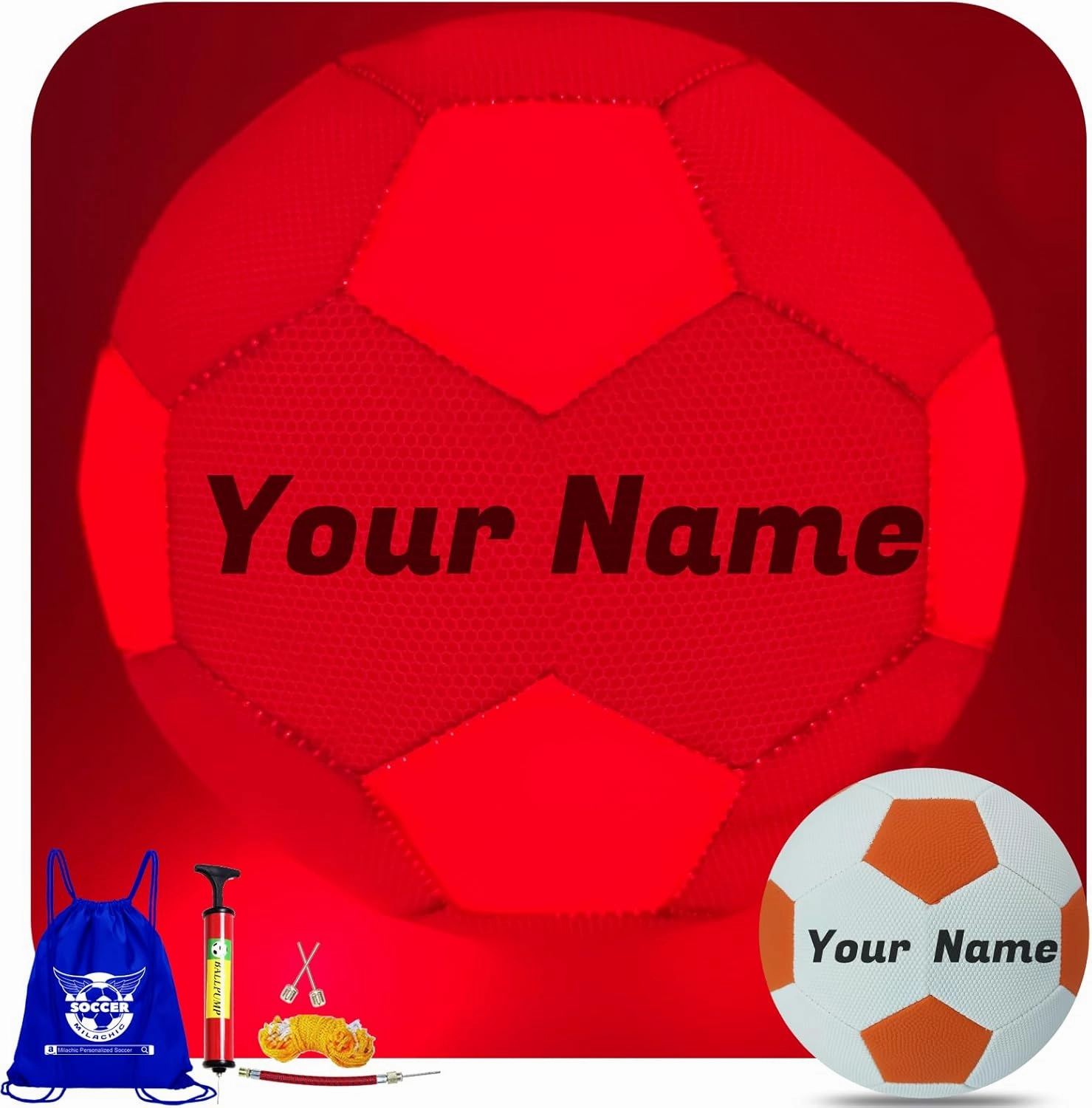 Customized Glow in The Dark Soccer Ball, Personalized Rechargeable Light up Indoor Outdoor Soccer Ball with Charging Cable, Pump and Carry Bag | Glowing Soccer Gift for Teens, Adults