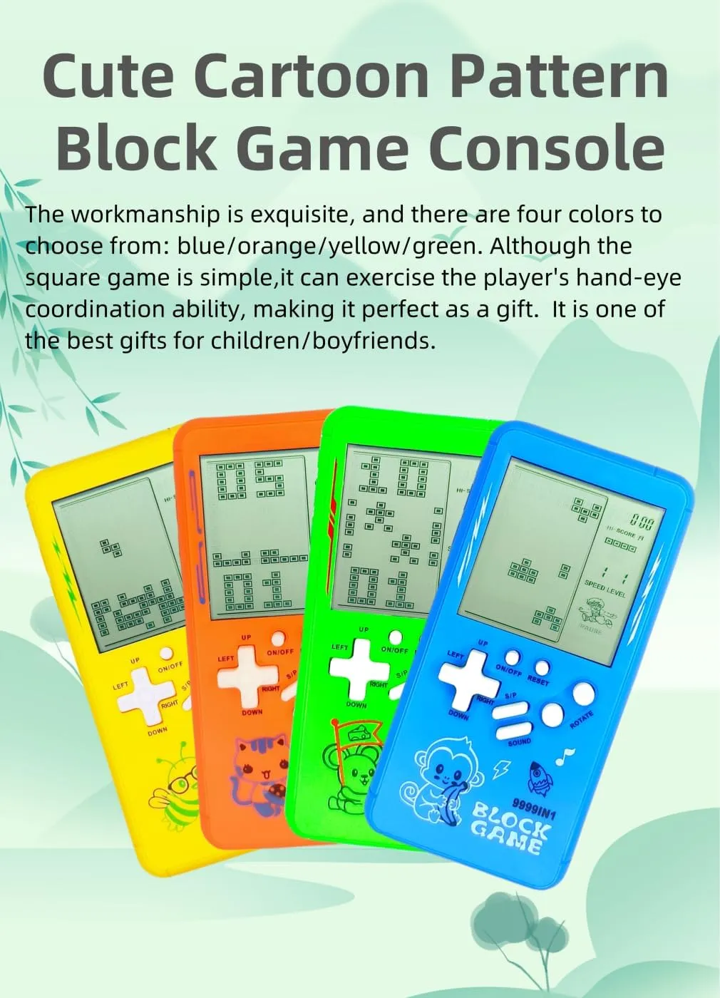 Cute Cartoon Pattern Brick Game Console Built-in Multi-Block Games Racing/Tank Battle Retro Pocket Game Machine Electronic Game Portable Toys for Children/Adults (Blue)