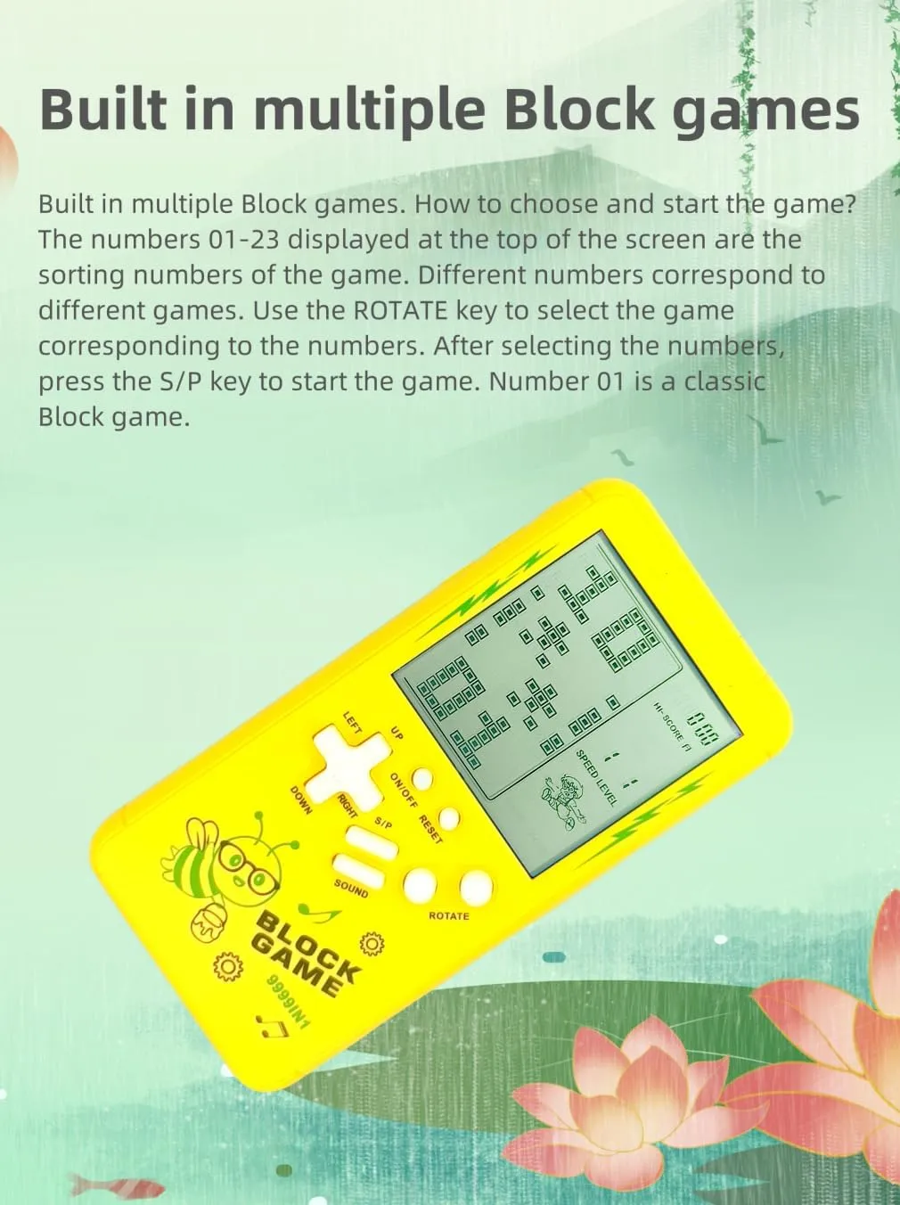 Cute Cartoon Pattern Brick Game Console Built-in Multi-Block Games Racing/Tank Battle Retro Pocket Game Machine Electronic Game Portable Toys for Children/Adults (Blue)