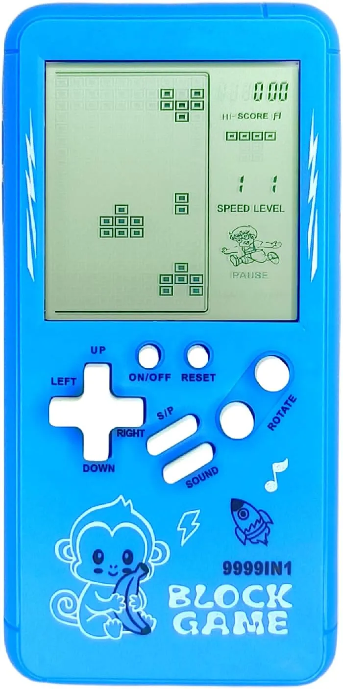 Cute Cartoon Pattern Brick Game Console Built-in Multi-Block Games Racing/Tank Battle Retro Pocket Game Machine Electronic Game Portable Toys for Children/Adults (Blue)