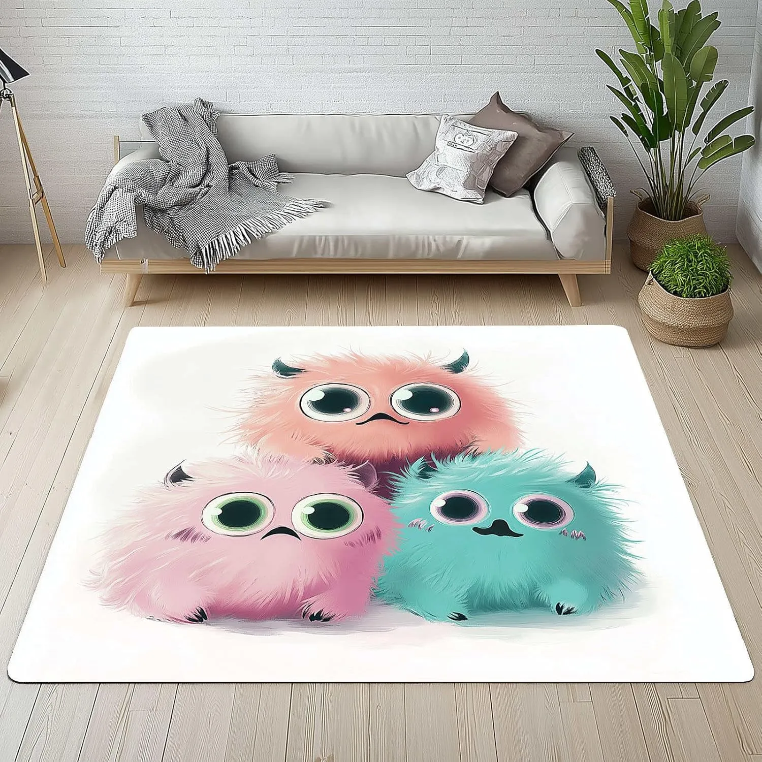 Cute Monsters 4x6 Rug for Bedroom White Washable Area Rugs Living Room Carpet for Study Bedroom Nursery, Washable Rugs Non Slip Soft Carpet