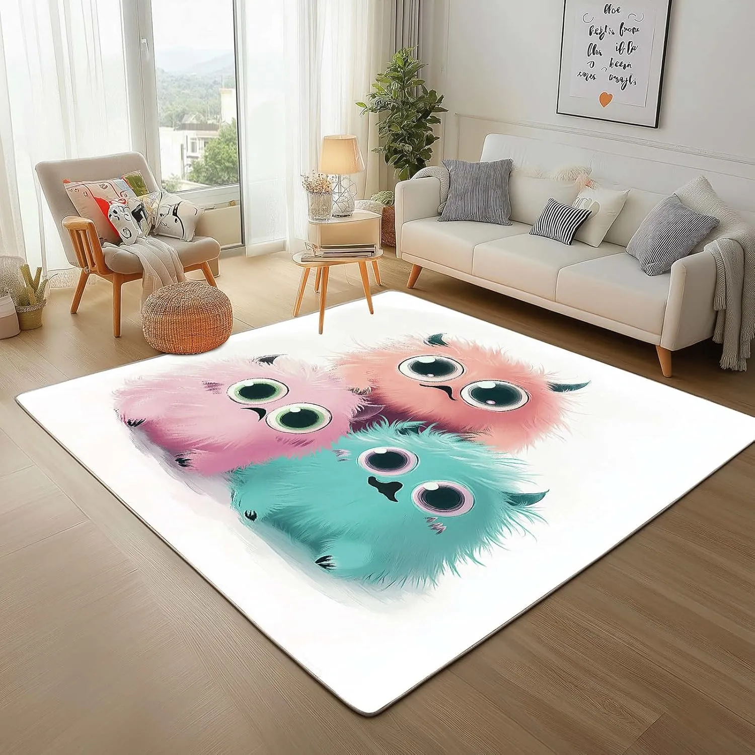 Cute Monsters 4x6 Rug for Bedroom White Washable Area Rugs Living Room Carpet for Study Bedroom Nursery, Washable Rugs Non Slip Soft Carpet