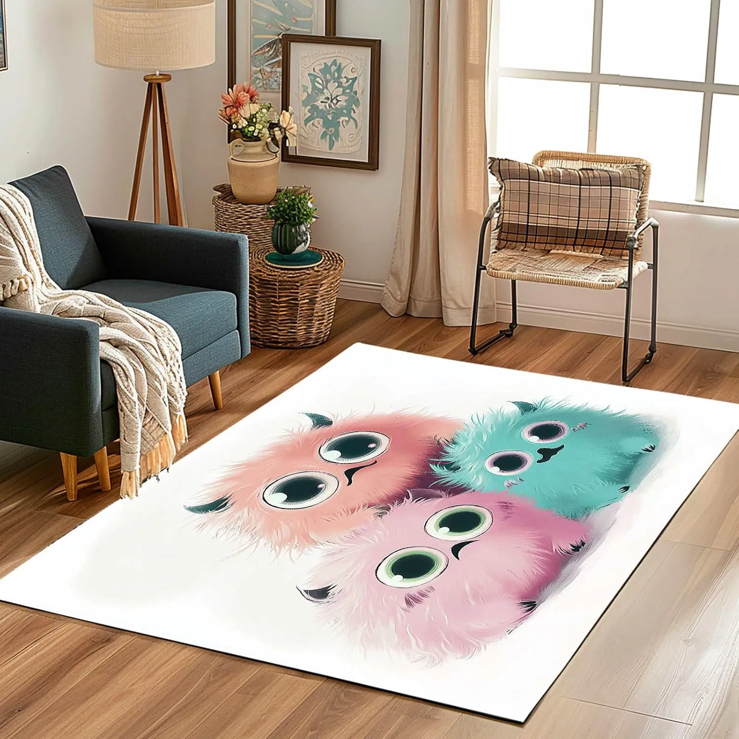 Cute Monsters 4x6 Rug for Bedroom White Washable Area Rugs Living Room Carpet for Study Bedroom Nursery, Washable Rugs Non Slip Soft Carpet