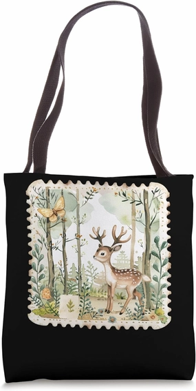 Cute Cottagecore Forest Deer Watercolor Postage Stamp Tote Bag