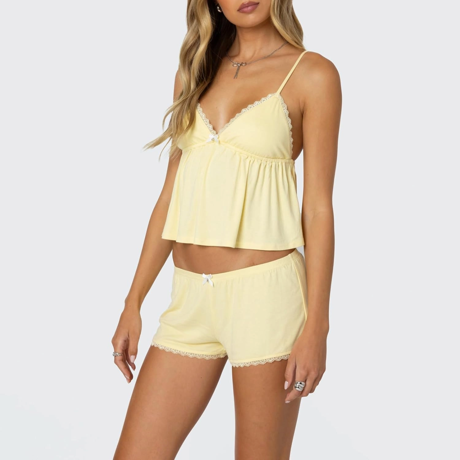 Cute Pajama Sets for Women Lace Trim V Neck Cami Tops and Shorts Matching Lounge Pj Sets Teens Y2K 2 Piece Outfit